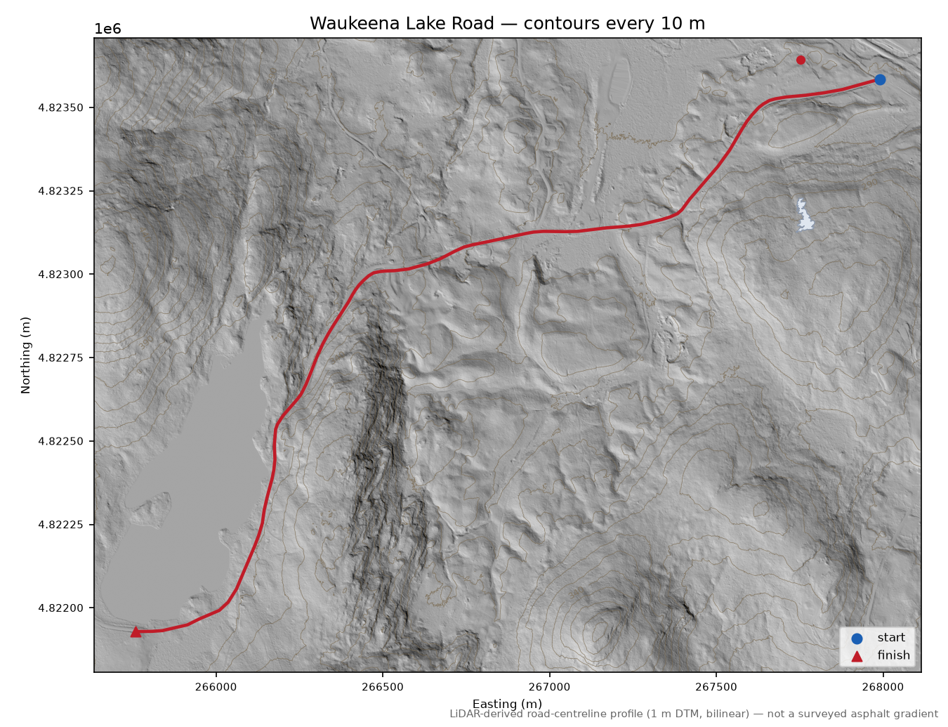 Waukeena Lake Road LiDAR hillshade map with contours