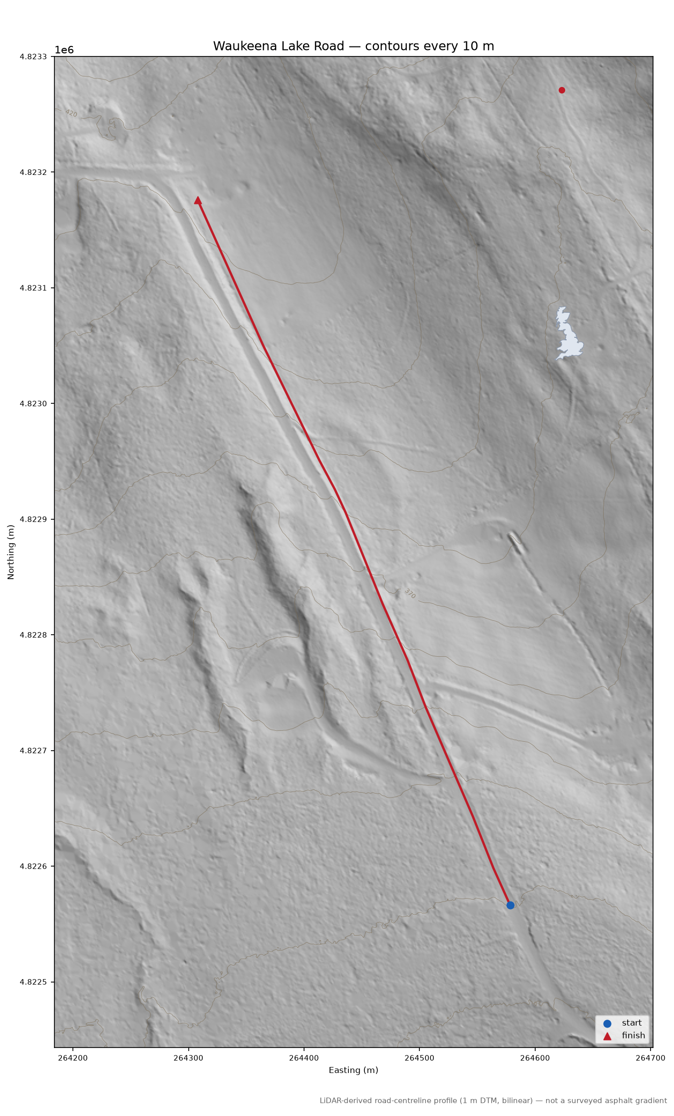 Waukeena Lake Road LiDAR hillshade map with contours