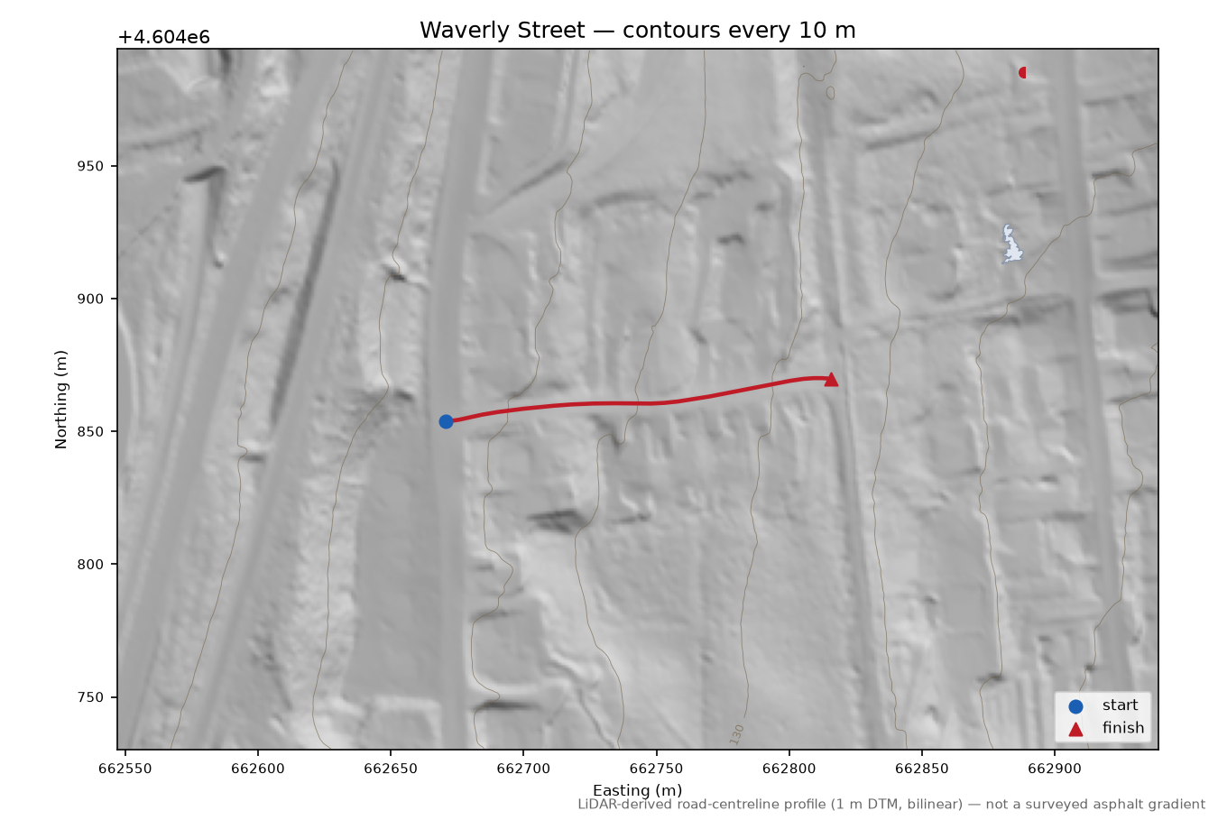Waverly Street LiDAR hillshade map with contours