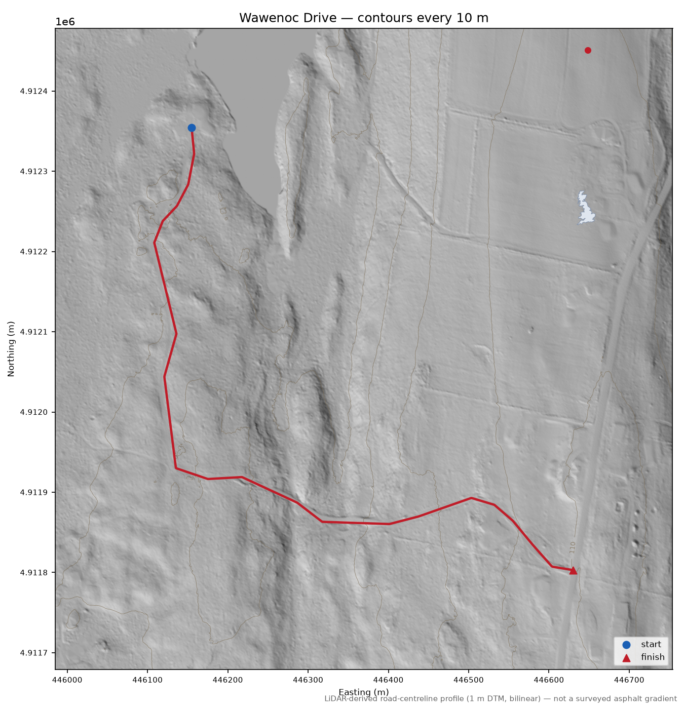Wawenoc Drive LiDAR hillshade map with contours