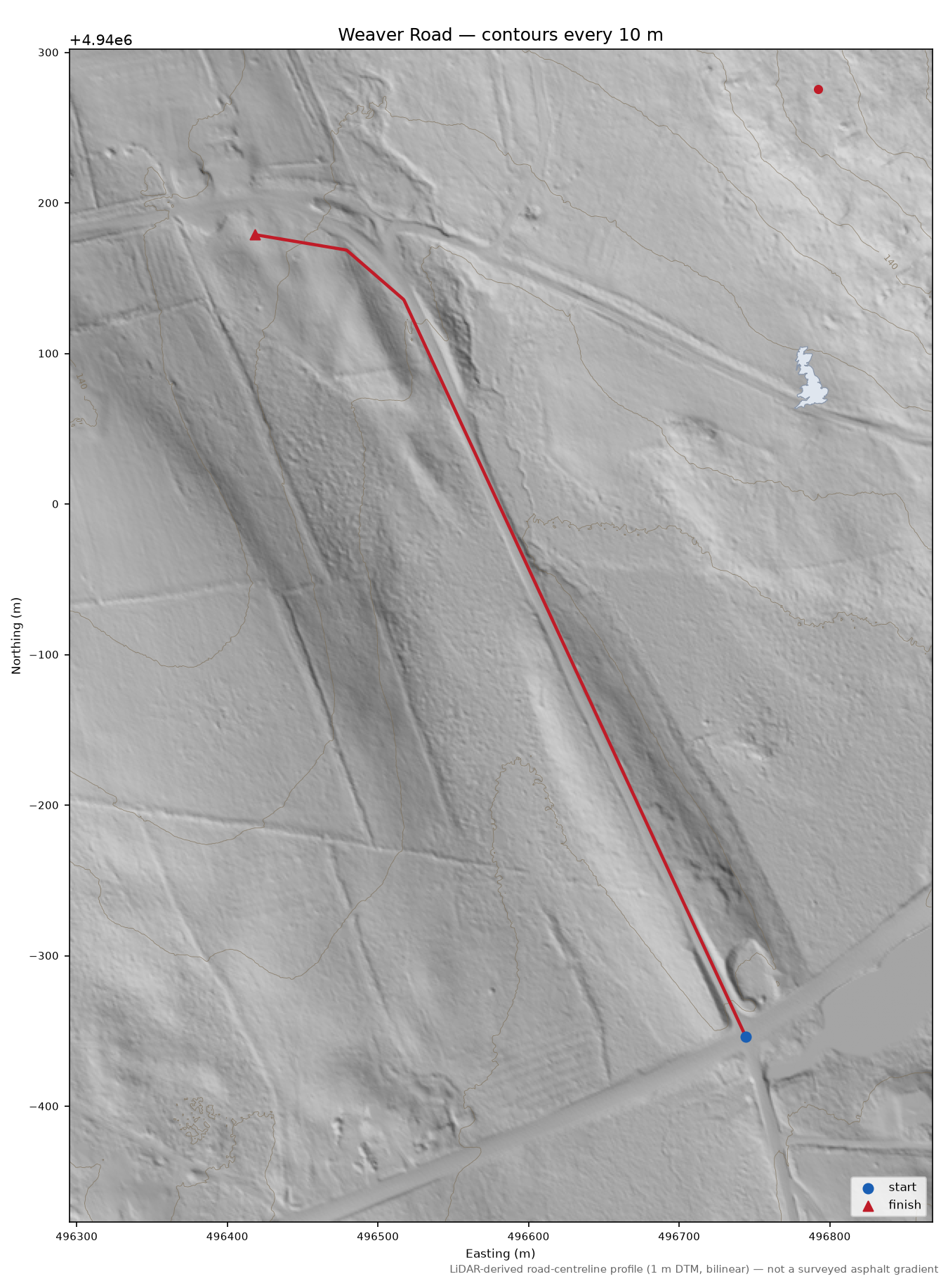 Weaver Road LiDAR hillshade map with contours