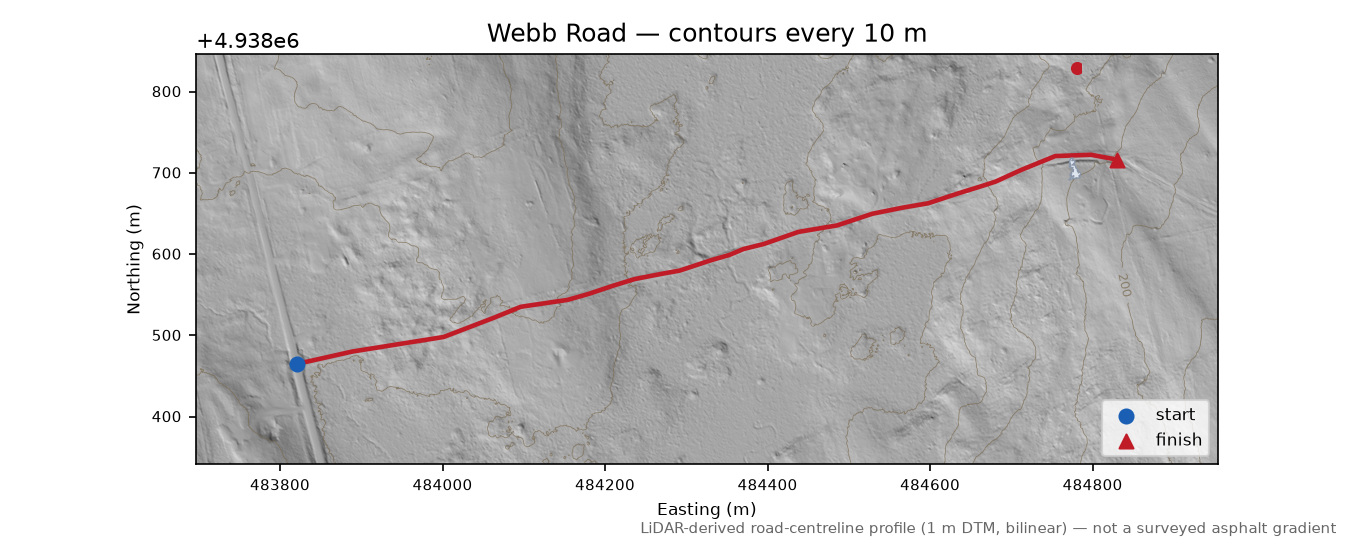 Webb Road LiDAR hillshade map with contours