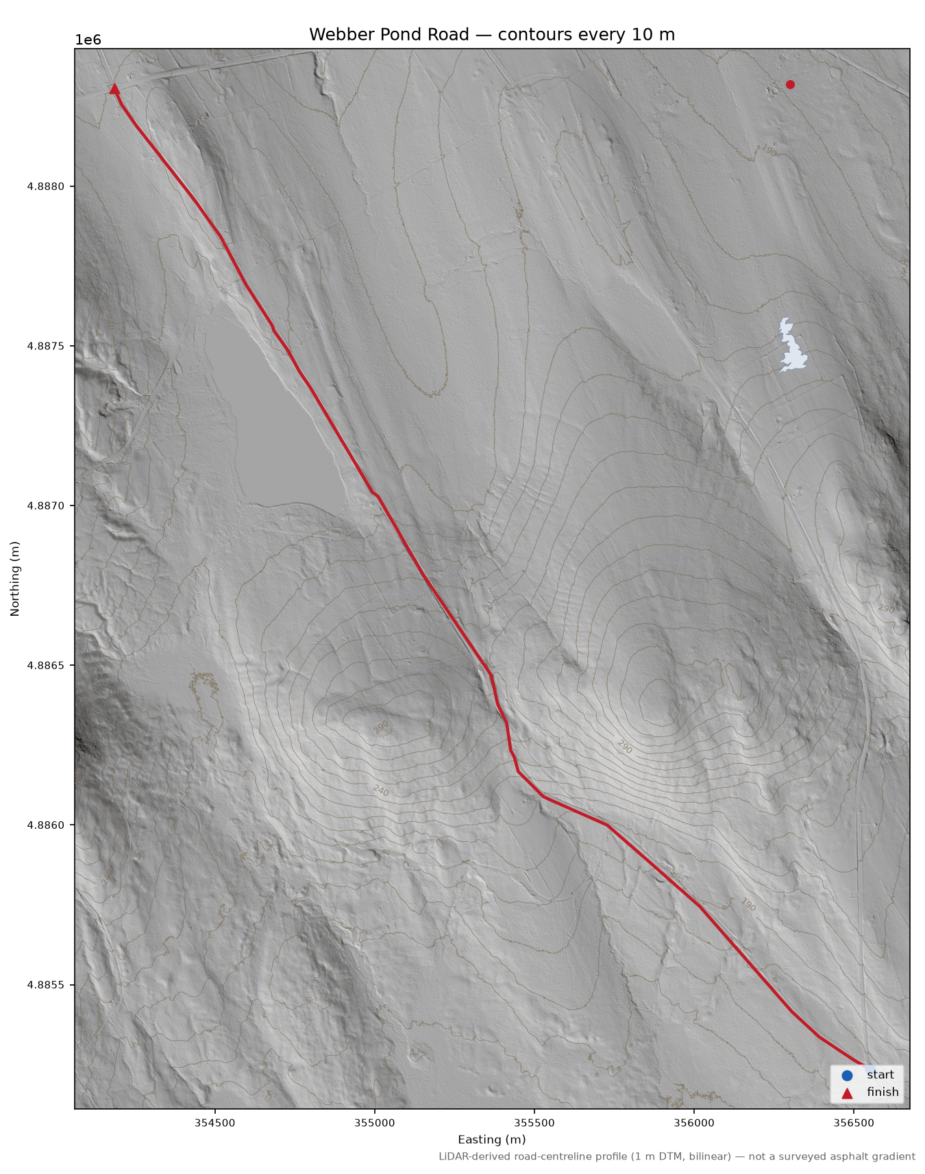 Webber Pond Road LiDAR hillshade map with contours