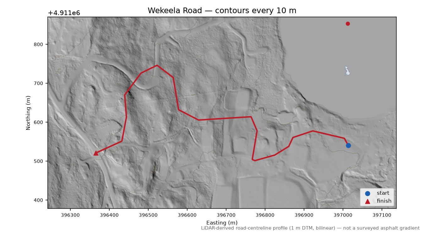 Wekeela Road LiDAR hillshade map with contours