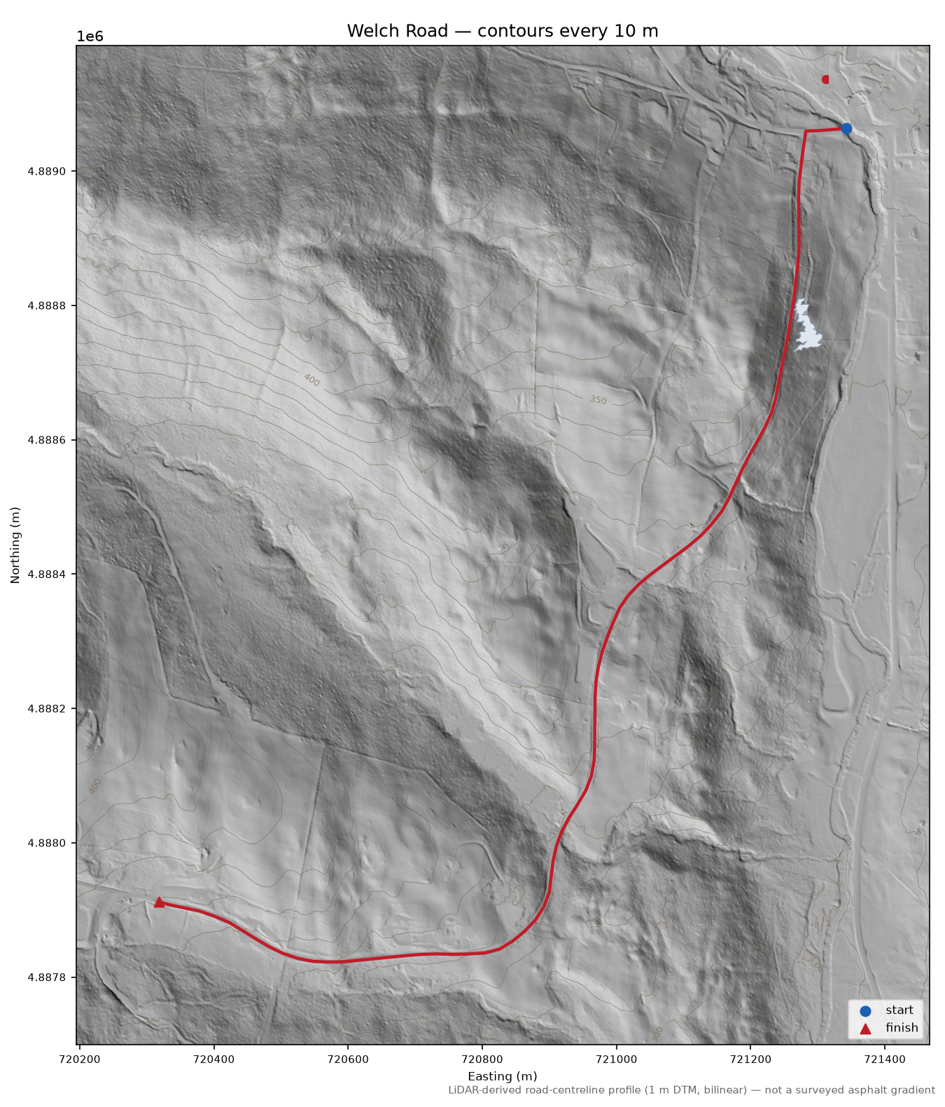 Welch Road LiDAR hillshade map with contours