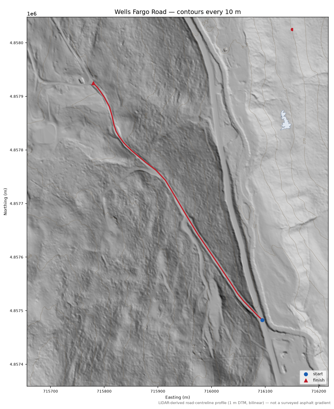 Wells Fargo Road LiDAR hillshade map with contours
