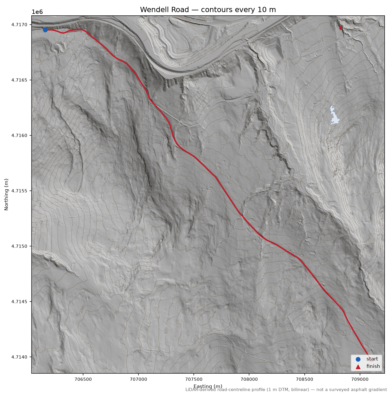 Wendell Road LiDAR hillshade map with contours