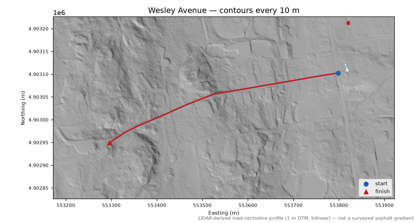 Wesley Avenue LiDAR hillshade map with contours