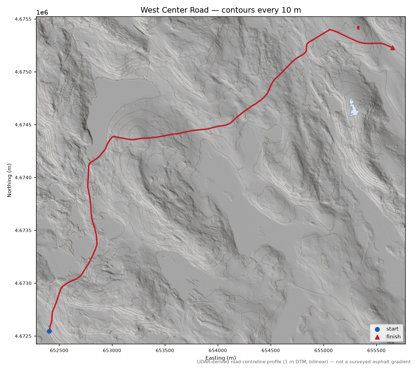West Center Road LiDAR hillshade map with contours
