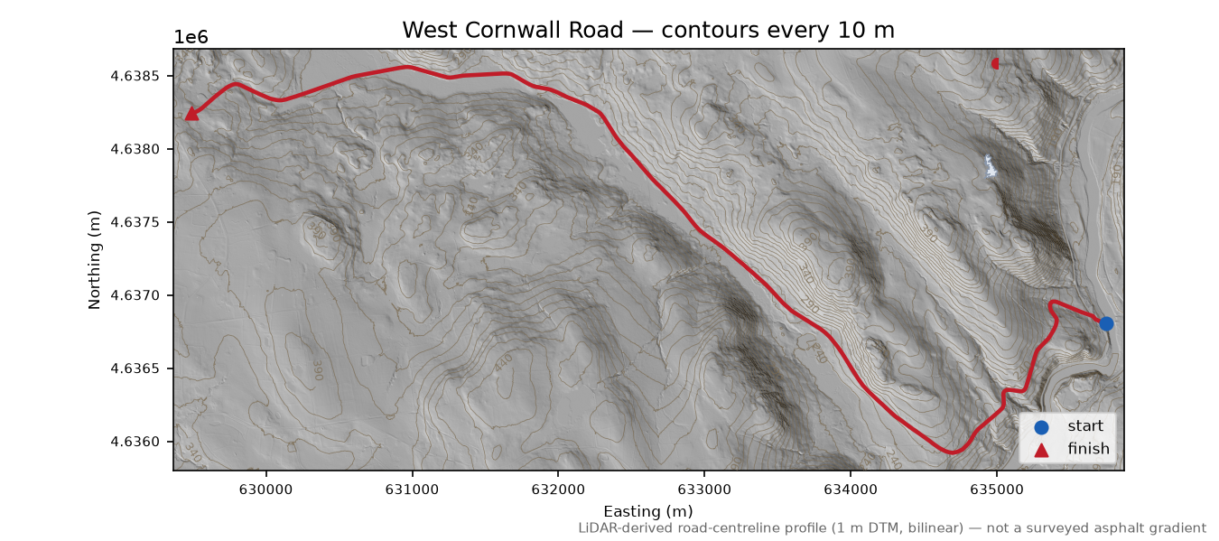 West Cornwall Road LiDAR hillshade map with contours