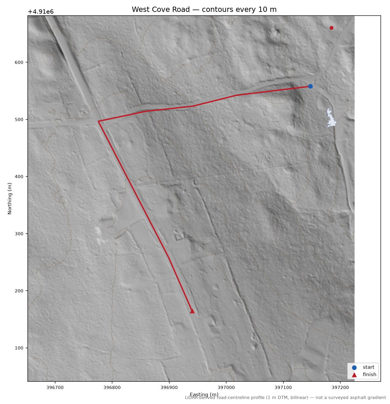 West Cove Road LiDAR hillshade map with contours
