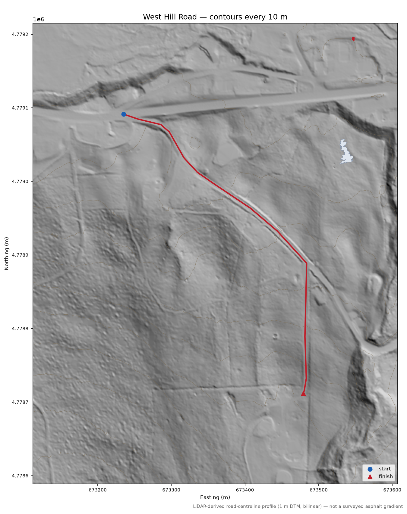 West Hill Road LiDAR hillshade map with contours