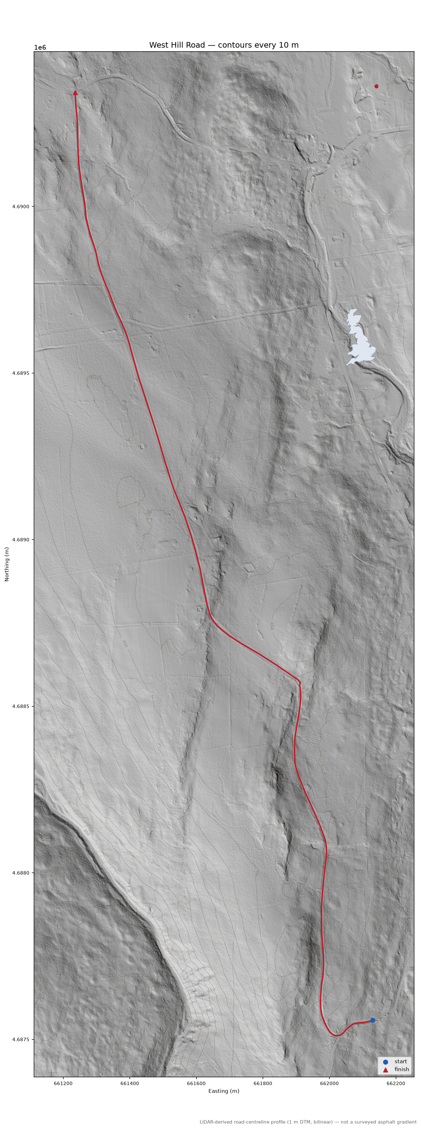 West Hill Road LiDAR hillshade map with contours