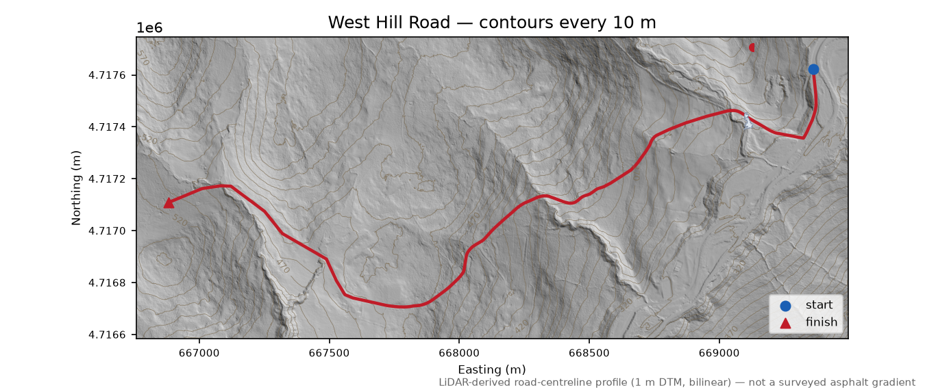 West Hill Road LiDAR hillshade map with contours