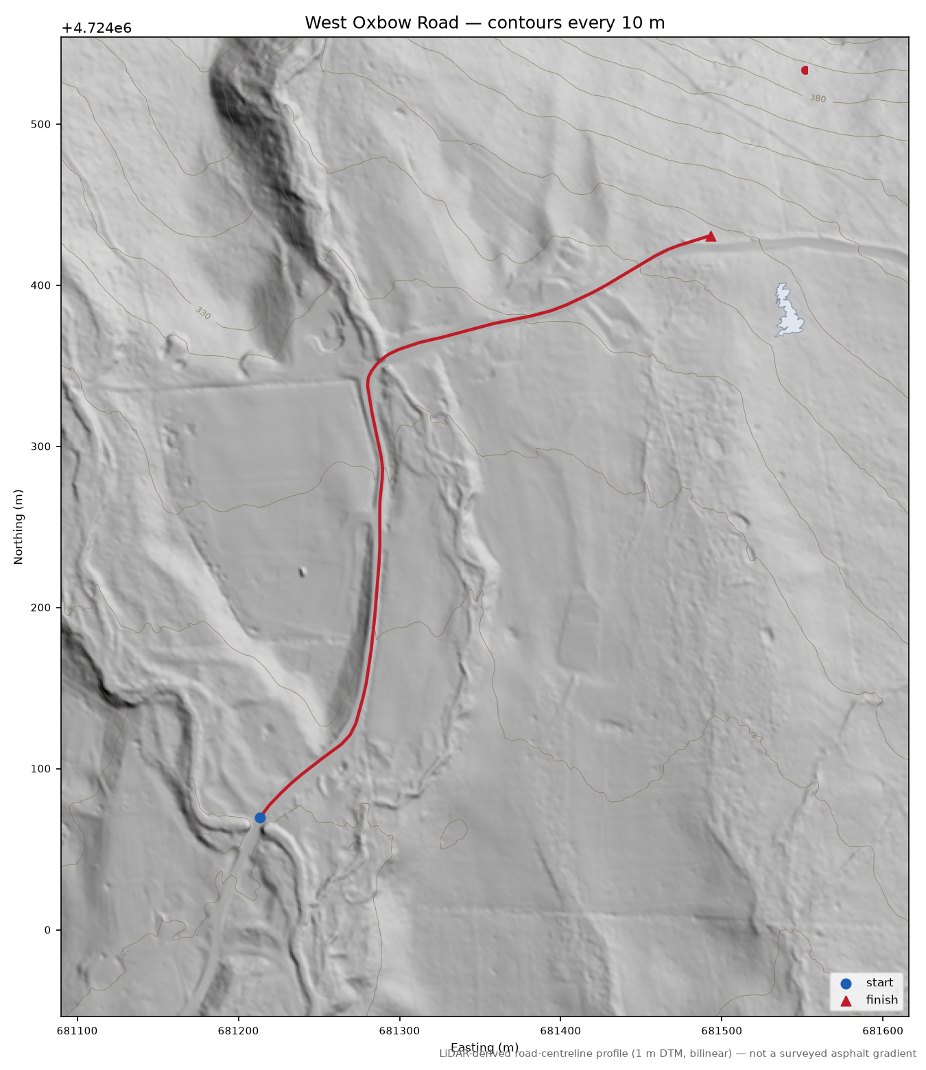 West Oxbow Road LiDAR hillshade map with contours