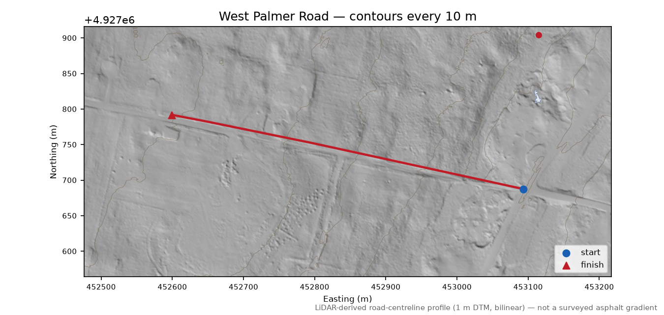 West Palmer Road LiDAR hillshade map with contours