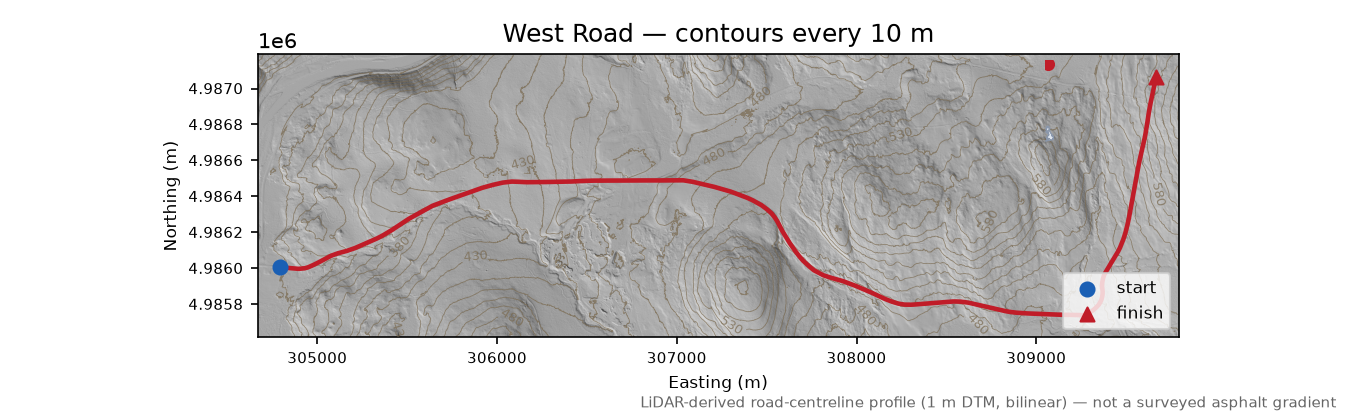 West Road LiDAR hillshade map with contours