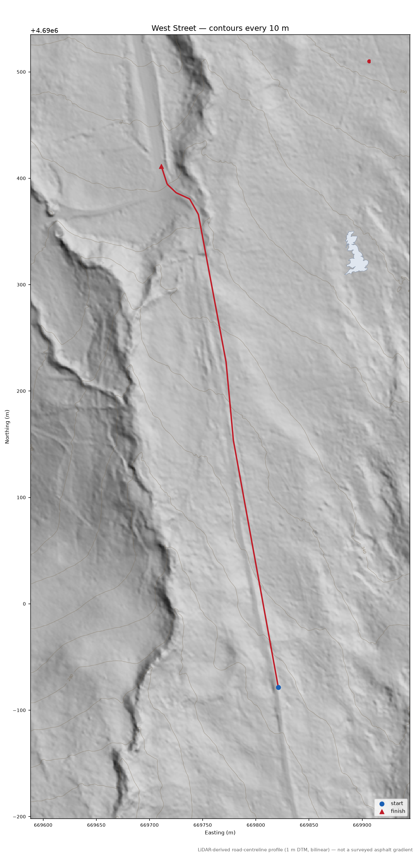 West Street LiDAR hillshade map with contours