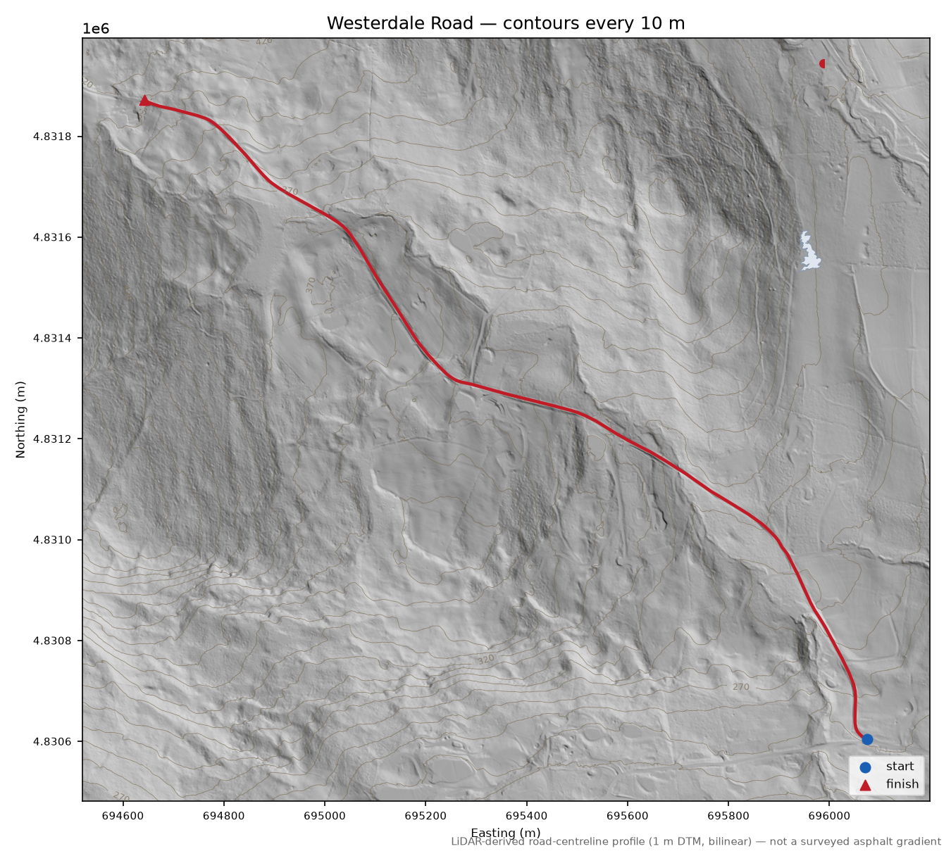 Westerdale Road LiDAR hillshade map with contours