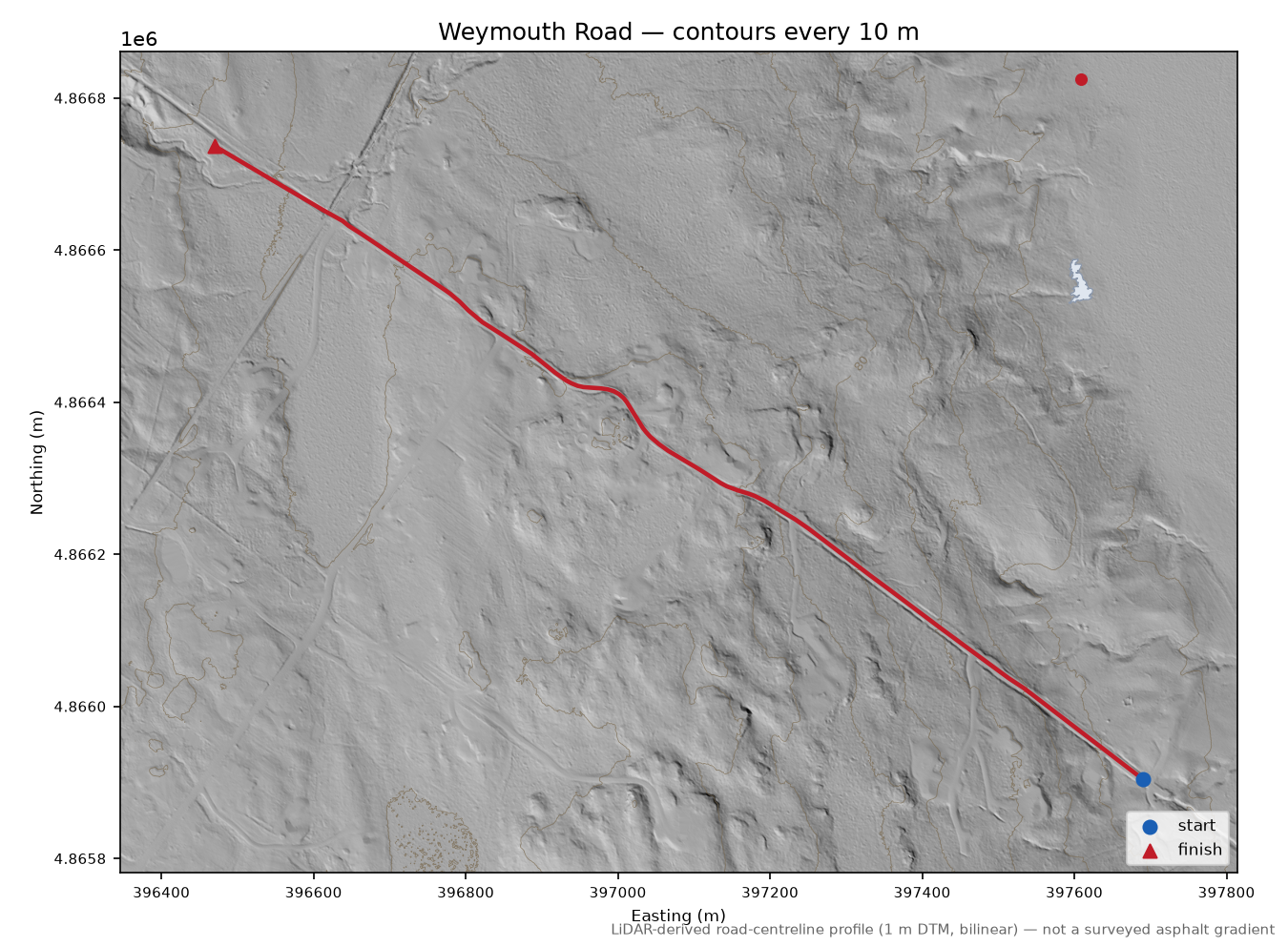 Weymouth Road LiDAR hillshade map with contours