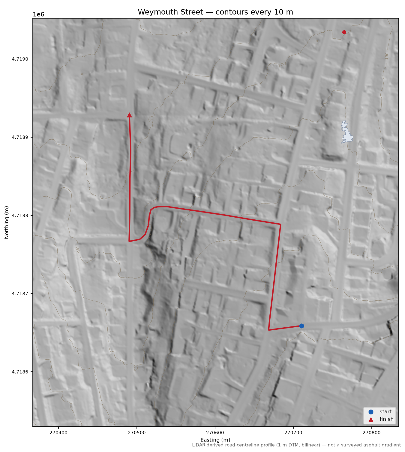 Weymouth Street LiDAR hillshade map with contours