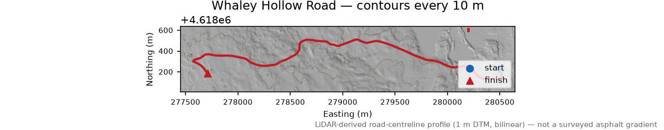 Whaley Hollow Road LiDAR hillshade map with contours