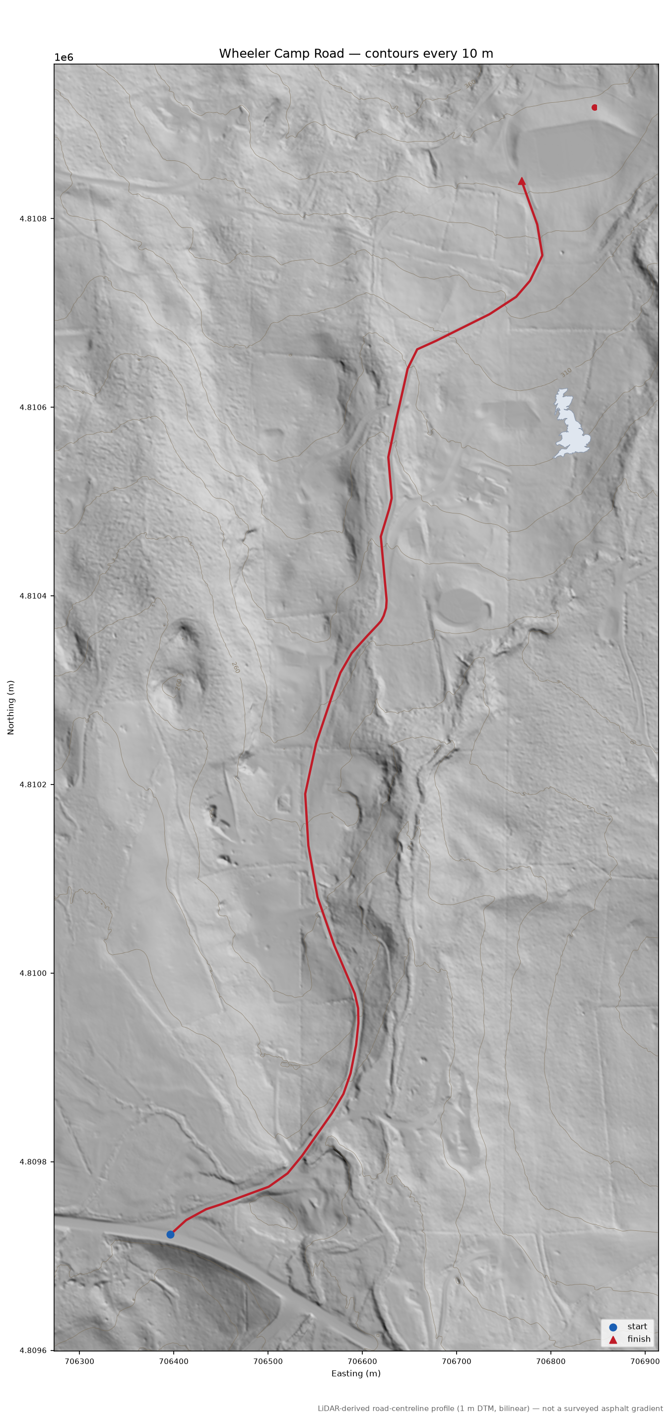 Wheeler Camp Road LiDAR hillshade map with contours