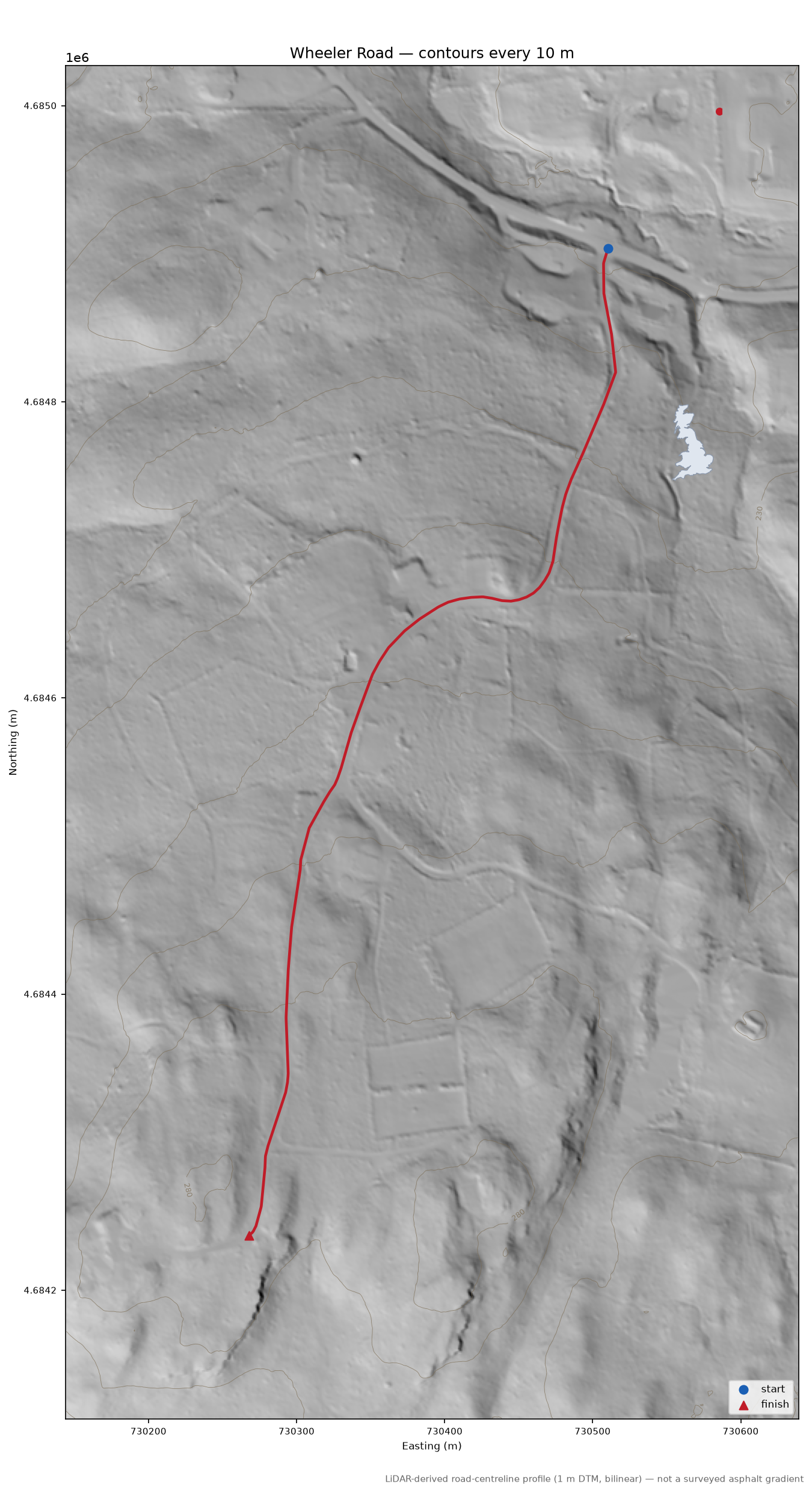 Wheeler Road LiDAR hillshade map with contours