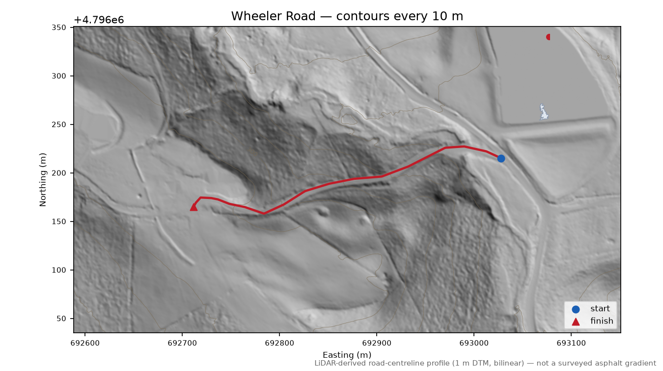 Wheeler Road LiDAR hillshade map with contours