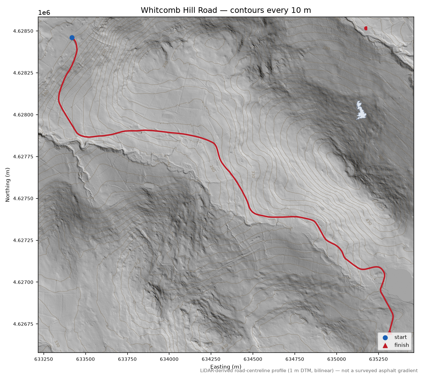 Whitcomb Hill Road LiDAR hillshade map with contours