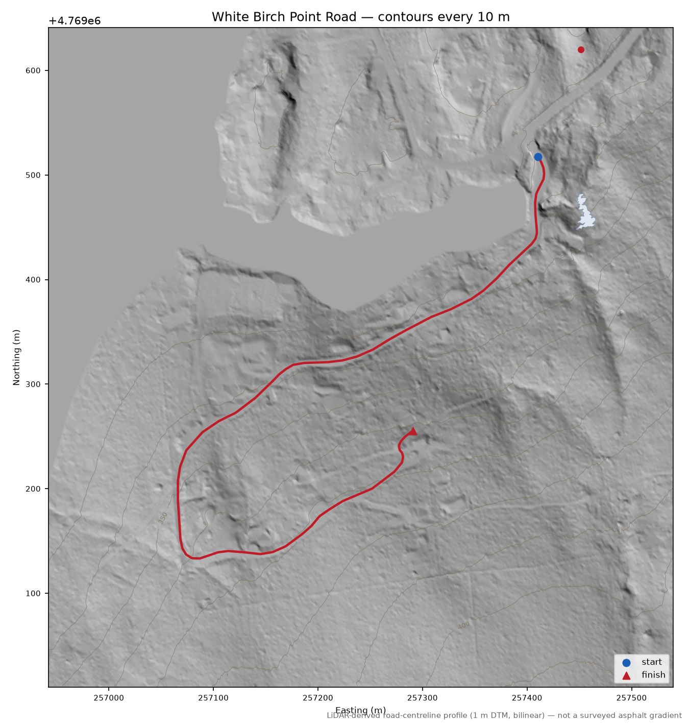 White Birch Point Road LiDAR hillshade map with contours