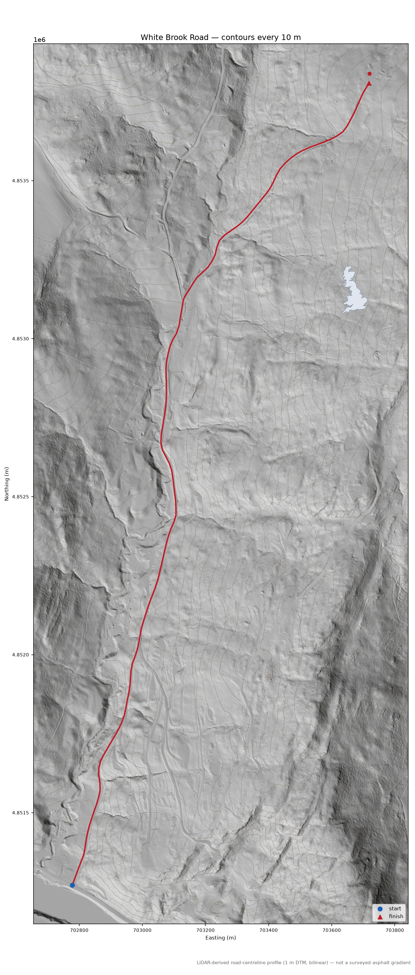 White Brook Road LiDAR hillshade map with contours