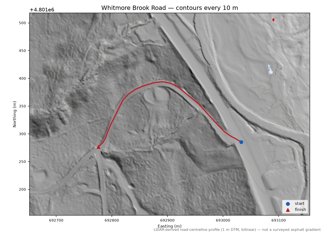 Whitmore Brook Road LiDAR hillshade map with contours