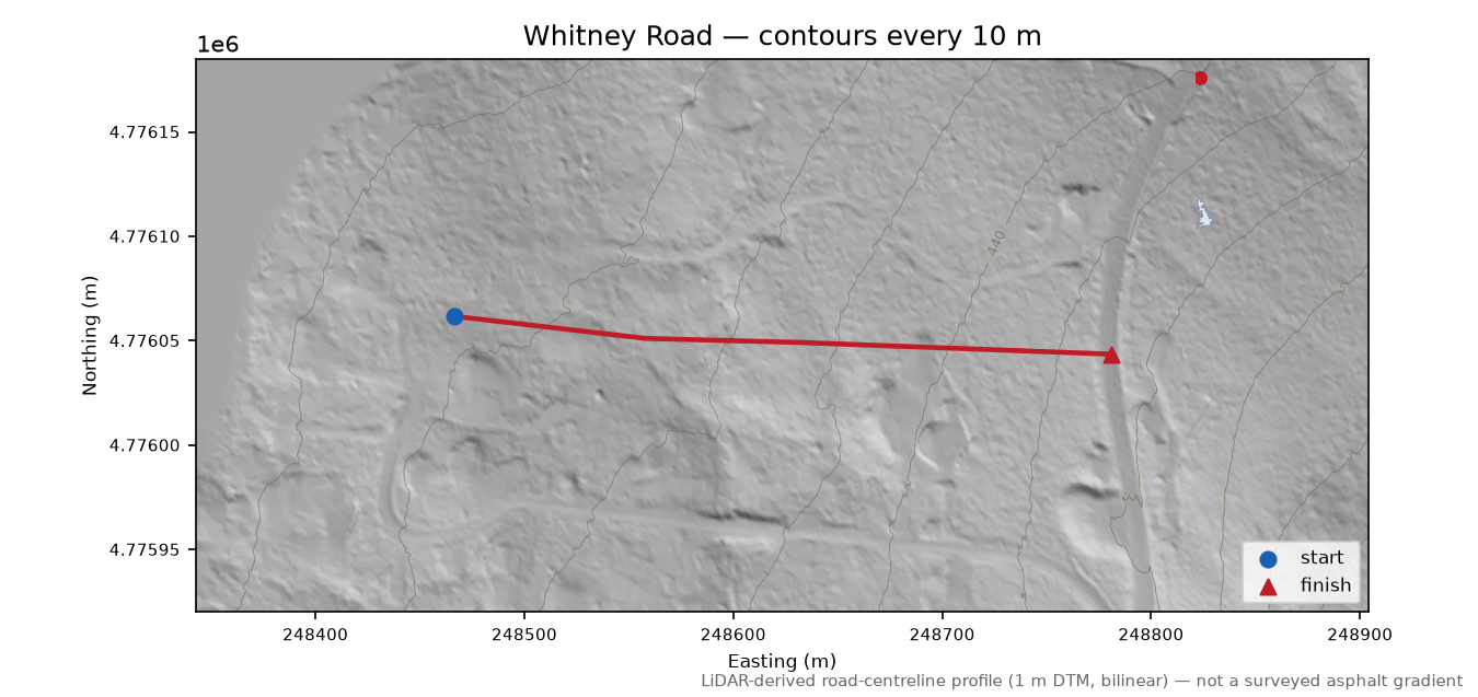 Whitney Road LiDAR hillshade map with contours