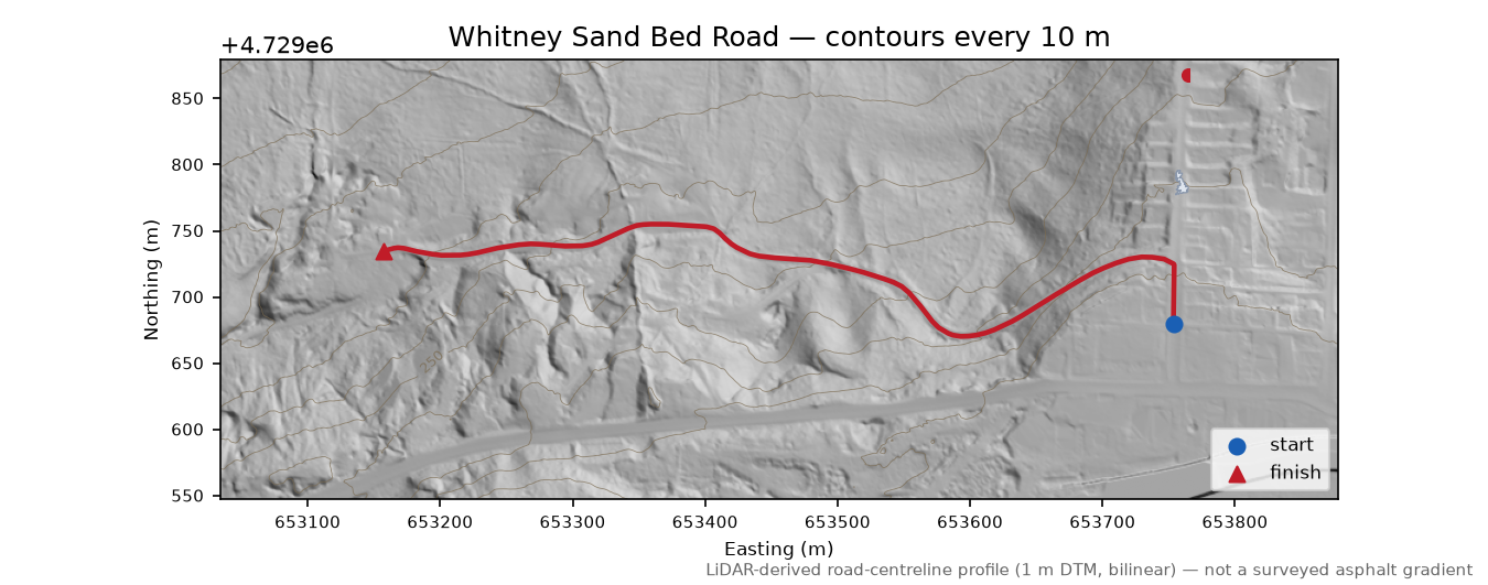 Whitney Sand Bed Road LiDAR hillshade map with contours