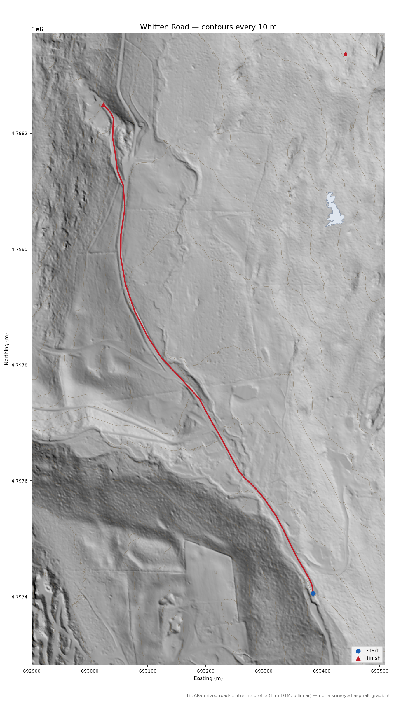 Whitten Road LiDAR hillshade map with contours