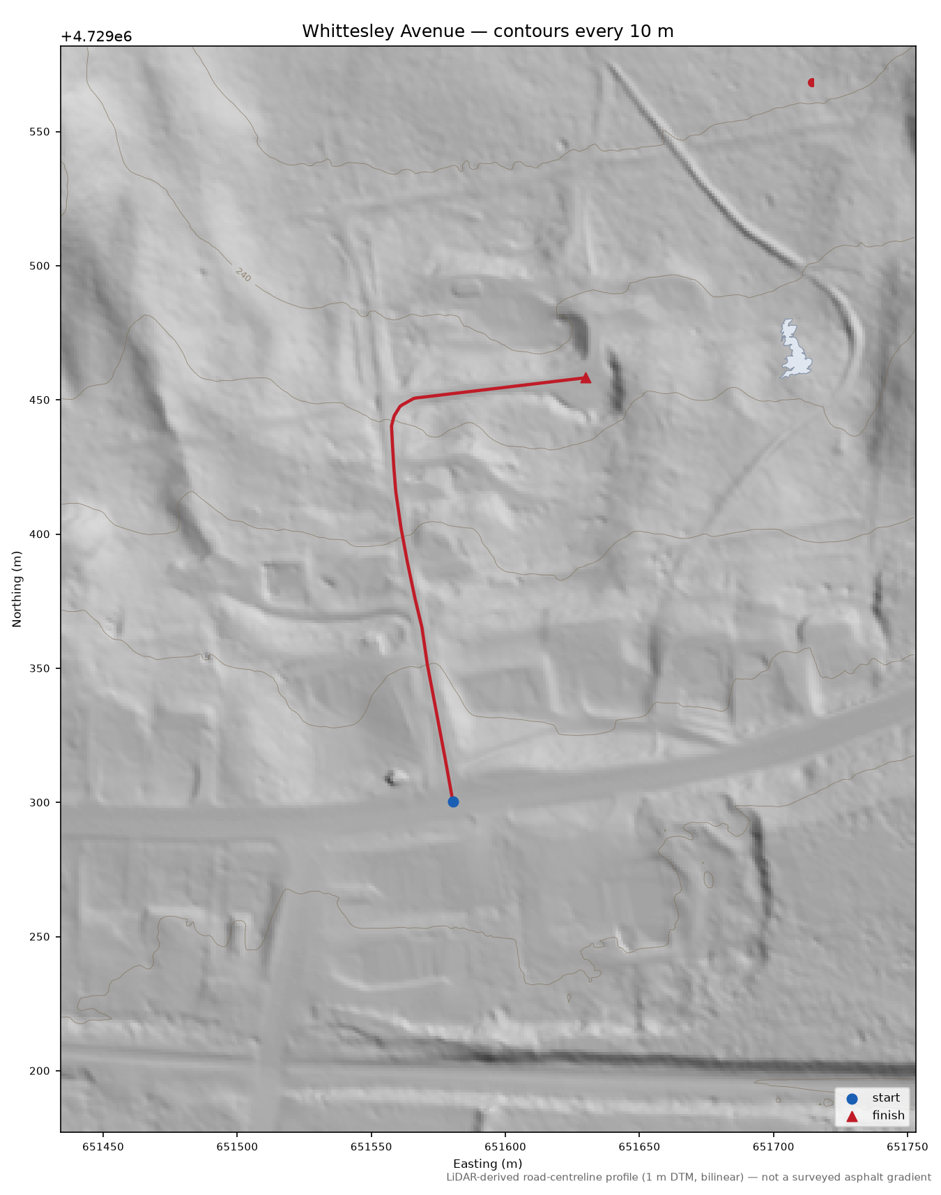 Whittesley Avenue LiDAR hillshade map with contours