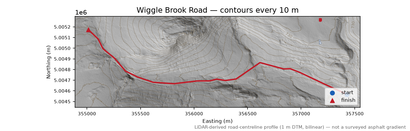 Wiggle Brook Road LiDAR hillshade map with contours