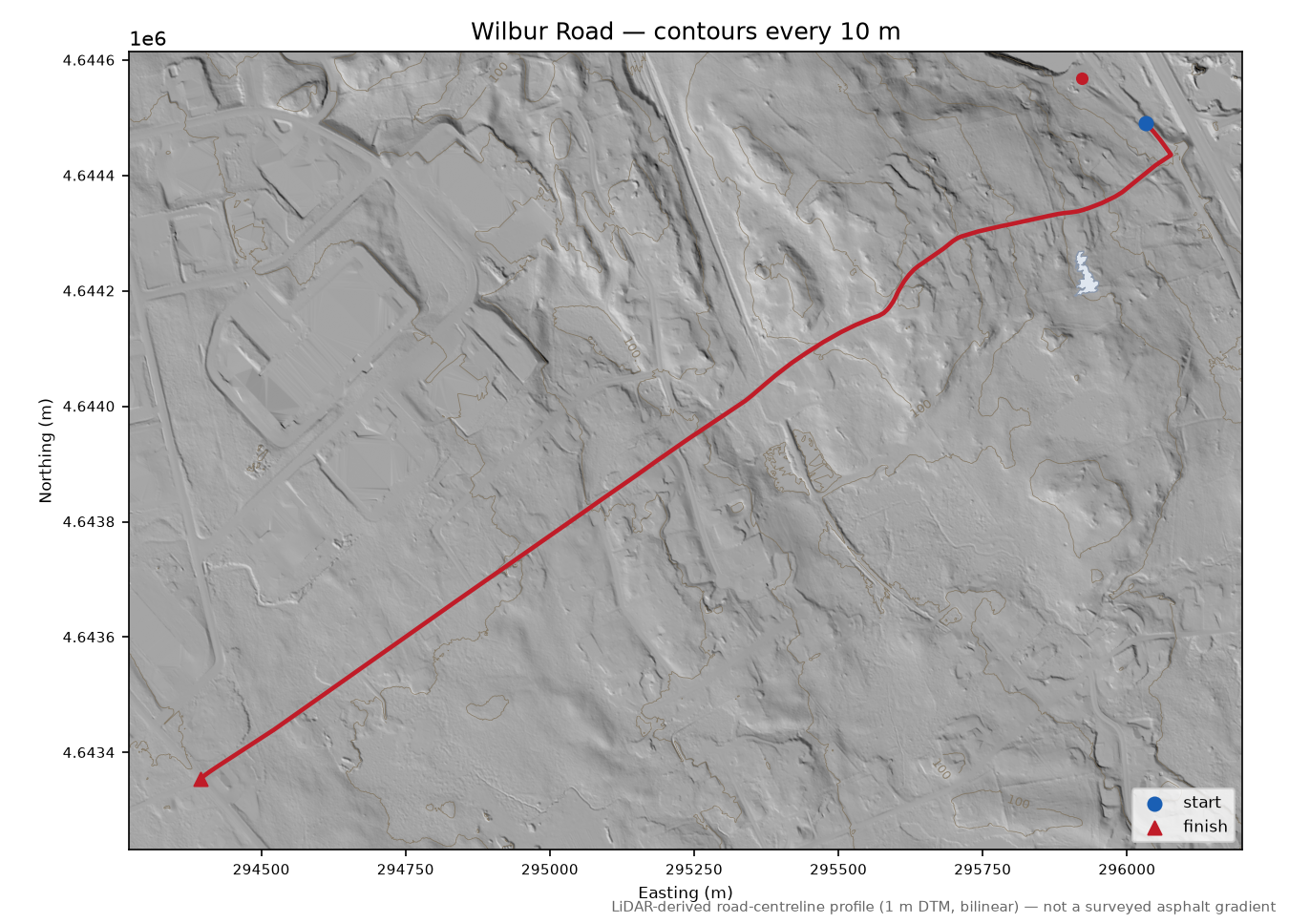 Wilbur Road LiDAR hillshade map with contours