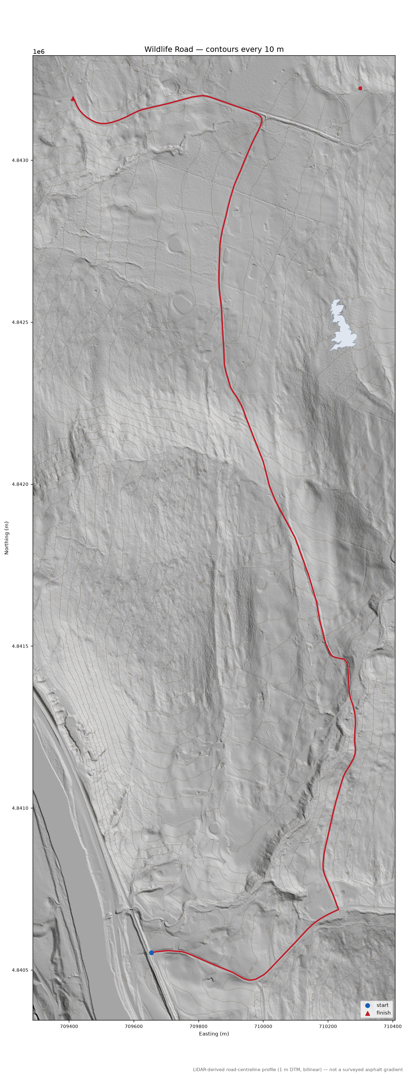 Wildlife Road LiDAR hillshade map with contours