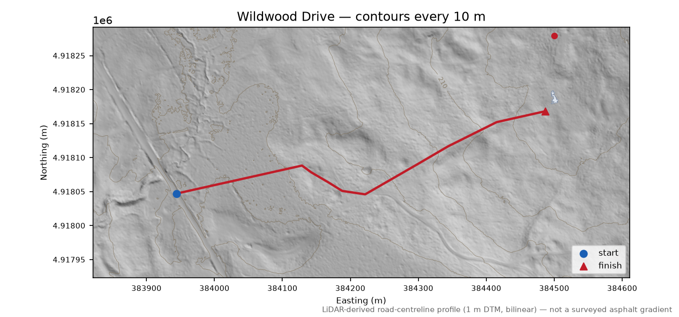 Wildwood Drive LiDAR hillshade map with contours