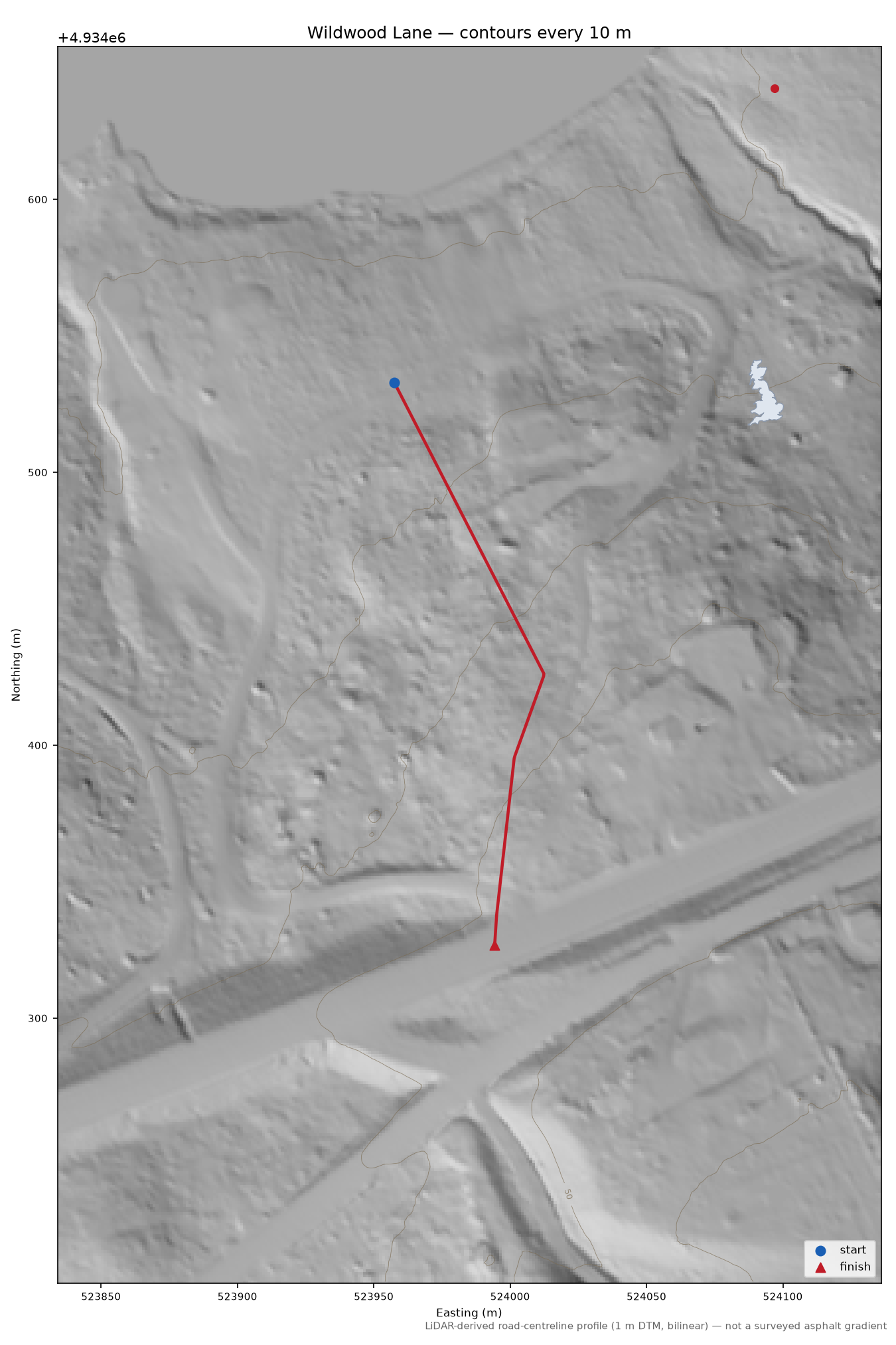 Wildwood Lane LiDAR hillshade map with contours