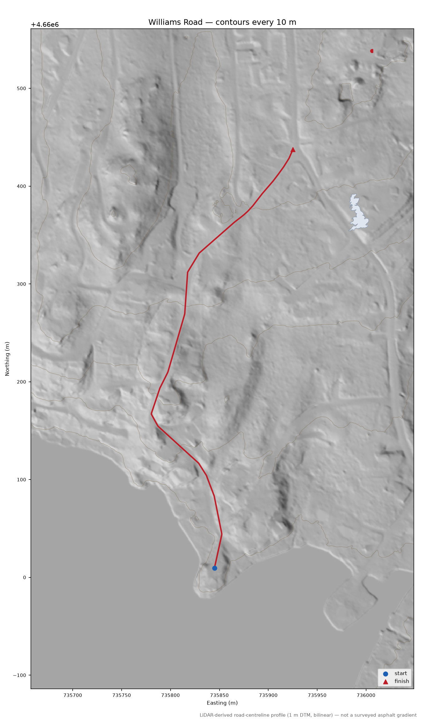 Williams Road LiDAR hillshade map with contours