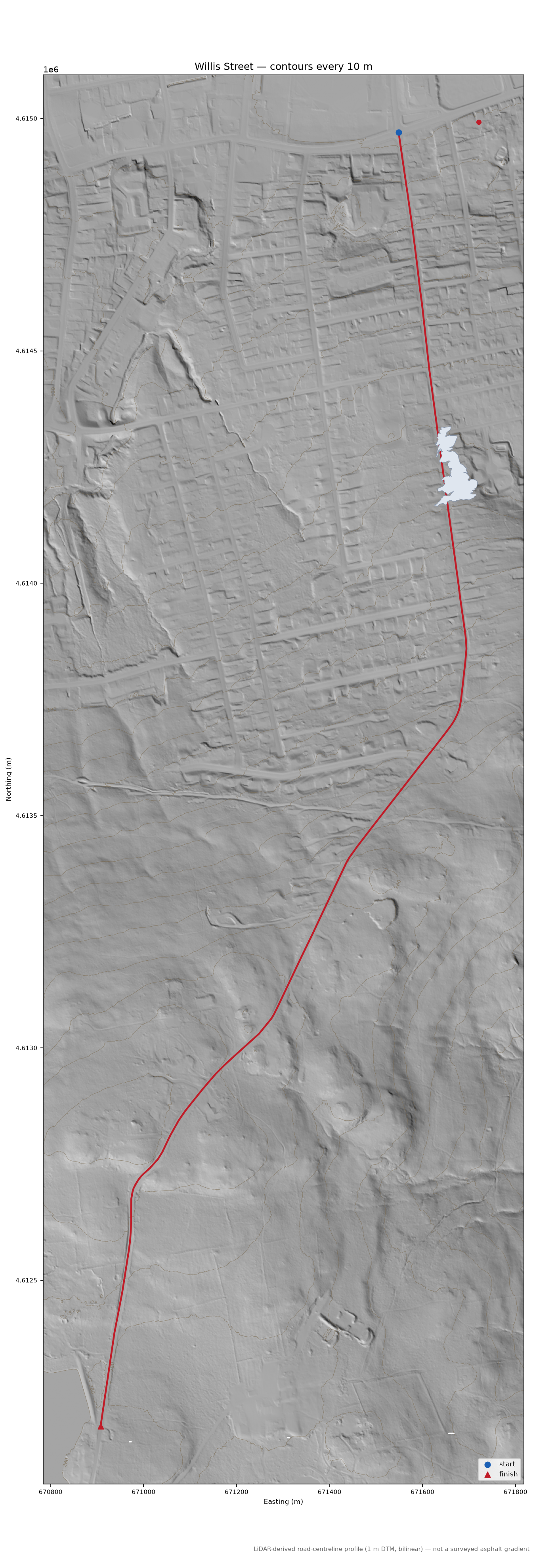 Willis Street LiDAR hillshade map with contours