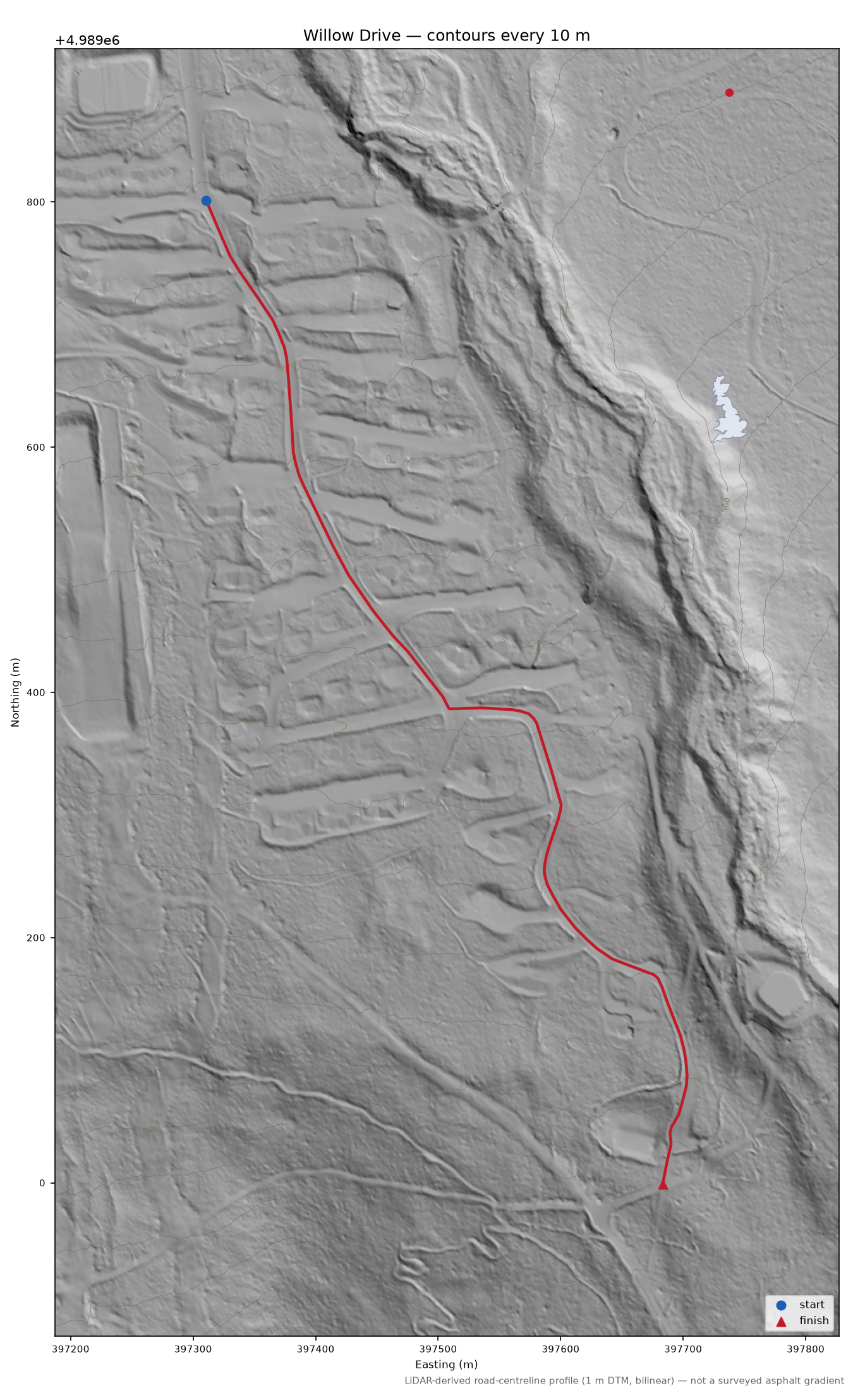 Willow Drive LiDAR hillshade map with contours