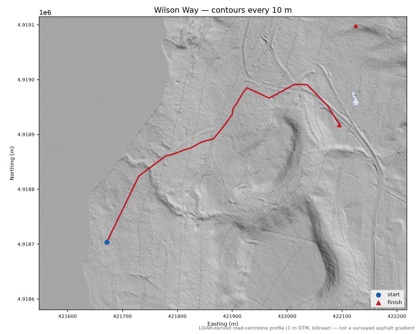 Wilson Way LiDAR hillshade map with contours
