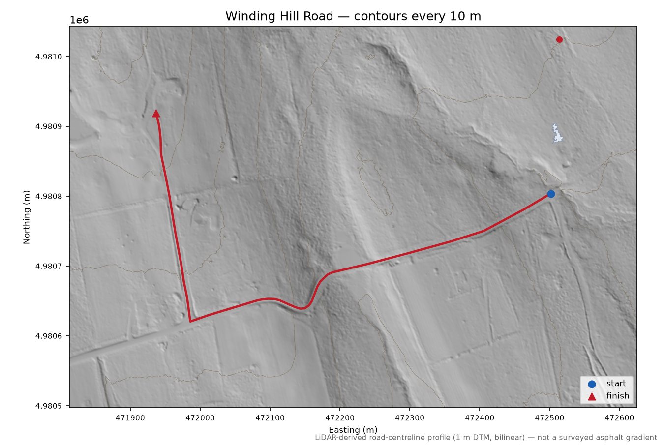 Winding Hill Road LiDAR hillshade map with contours