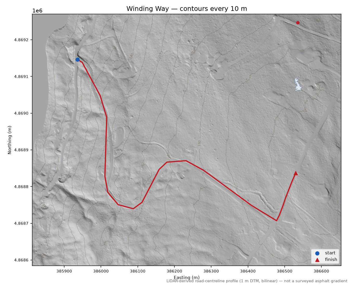 Winding Way LiDAR hillshade map with contours