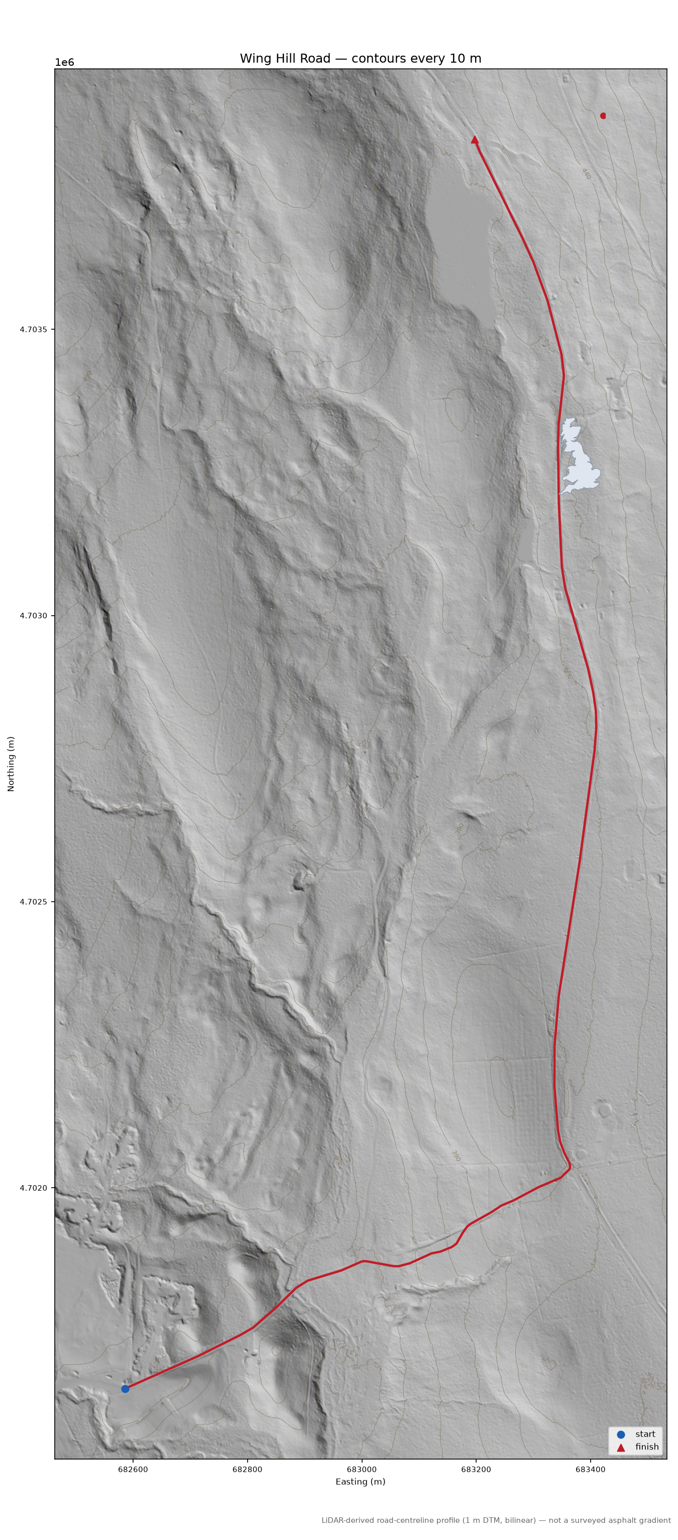 Wing Hill Road LiDAR hillshade map with contours