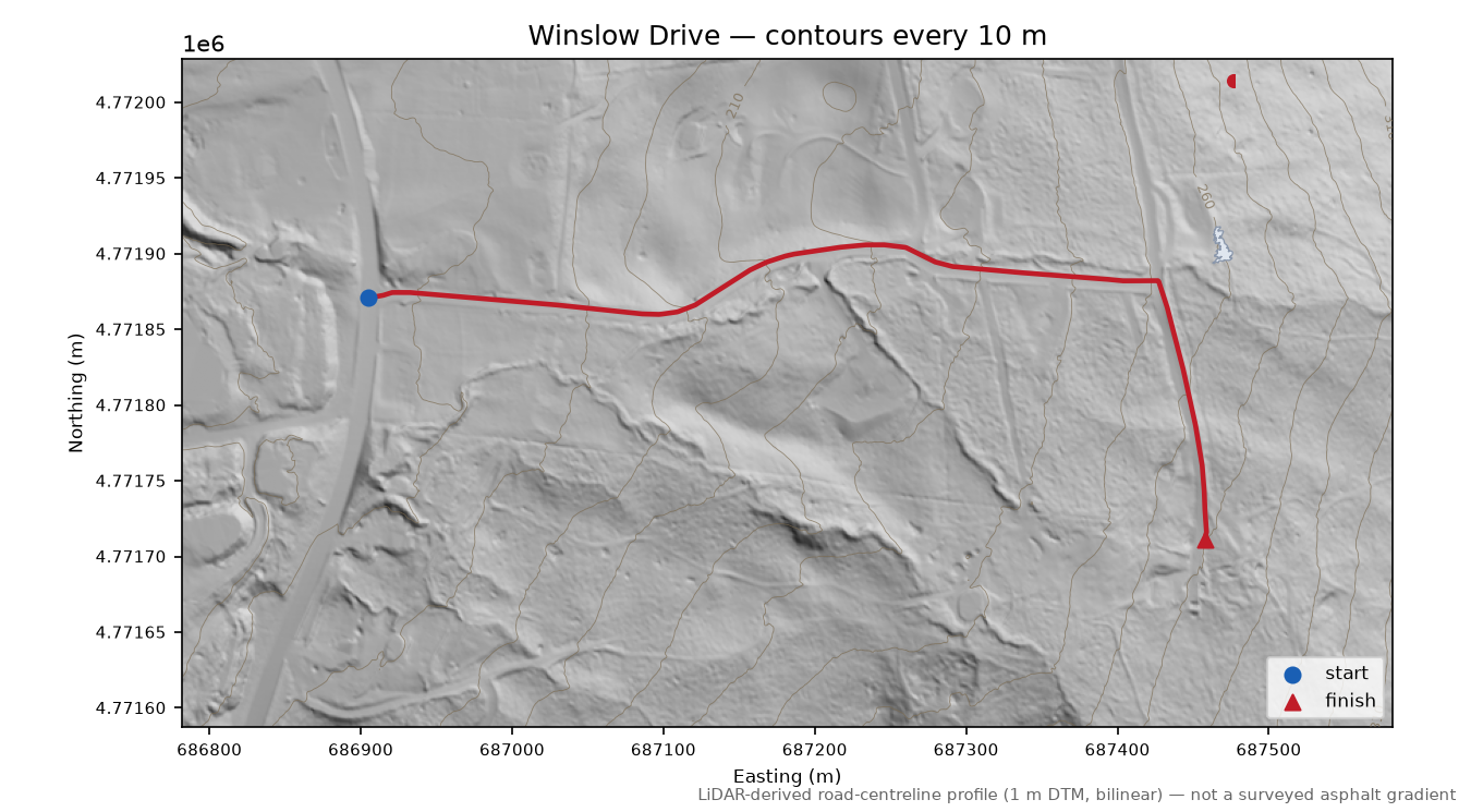 Winslow Drive LiDAR hillshade map with contours